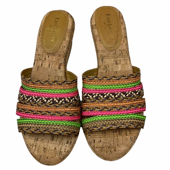 Eric Javits Cork Raffia Mixed Media Wedge Sandals - Picture 2 of 8